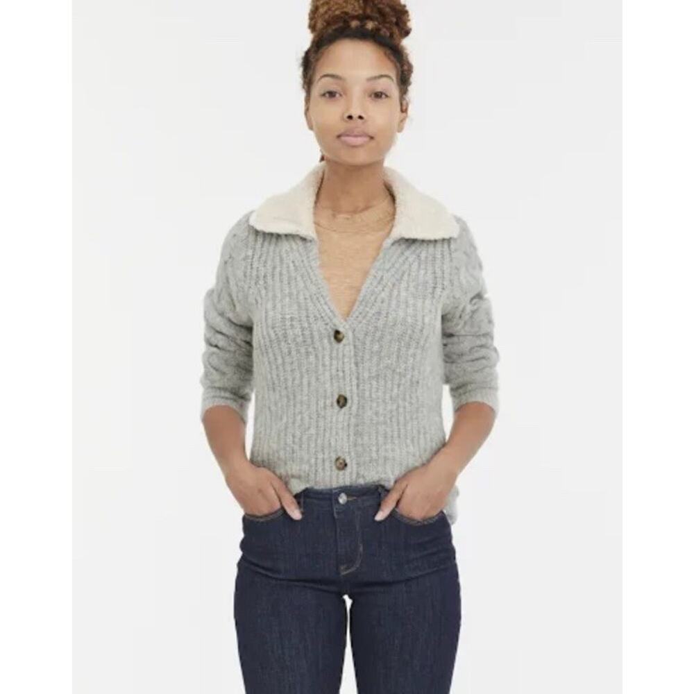 Lucky Brand Cable Knit Cardigan Sweater Wool Blend Chunky V-neck Pockets Gray M - Picture 4 of 16